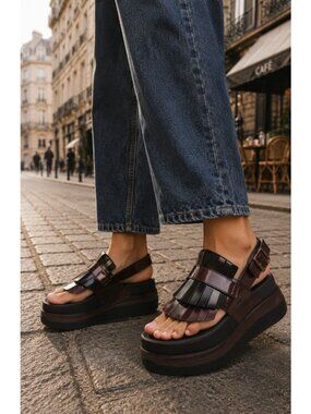 Fitflop F-MODE Stack Leather Toe-Post Sandals Black Merlot Size US 5 Chic Grunge